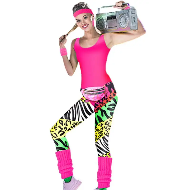 

Женский комплект аксессуаров для тренировок в стиле 80-х годов, топ, леггинсы, Женский костюм с гетрами, повязка на голову, костюмы для выступлений