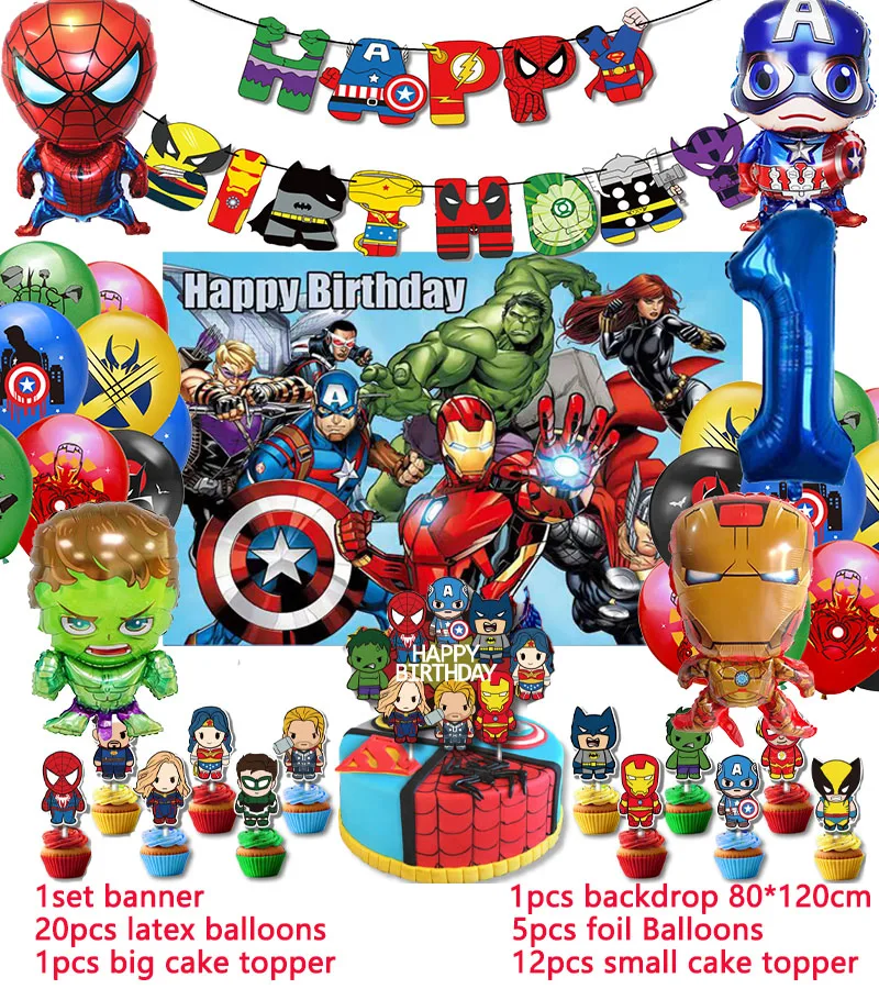 thumbnail image 1 of Decoración para fiesta de cumpleaños de superhéroes Globo de Los Vengadores Spiderman Iron Man Hulk Suministros para fiesta Vajilla Banner Telón de fondo, 1 of 5