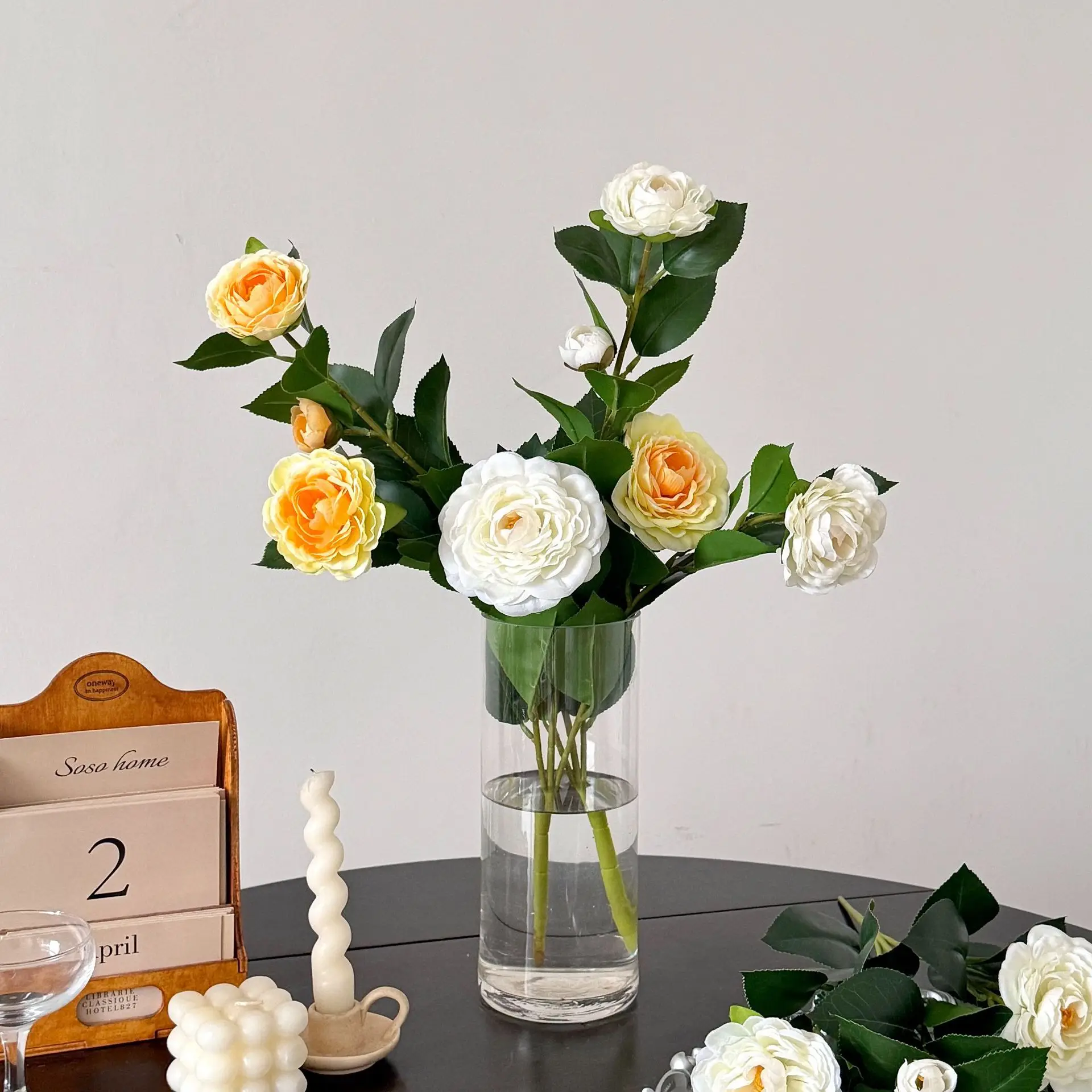 Elegant Artificial Camellia Branch Faux Flowers for Home Decoration and Photography Prop