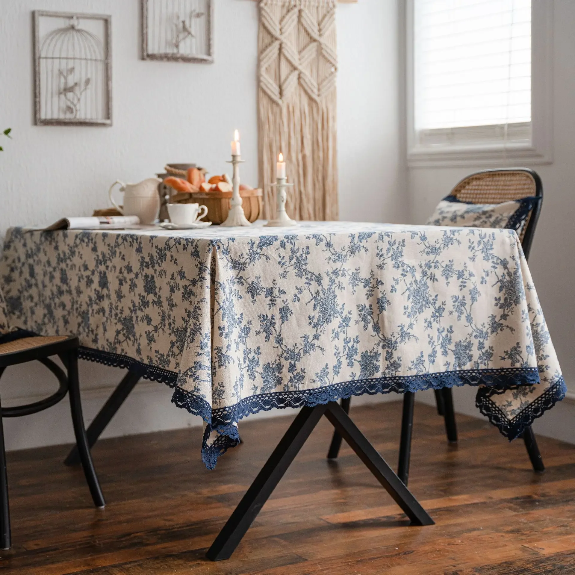 

Table Cloth Cotton and Linen for Dining Table Party Outdoor Tablecloth with Lace Blue Vintage Flower Print Table Cover