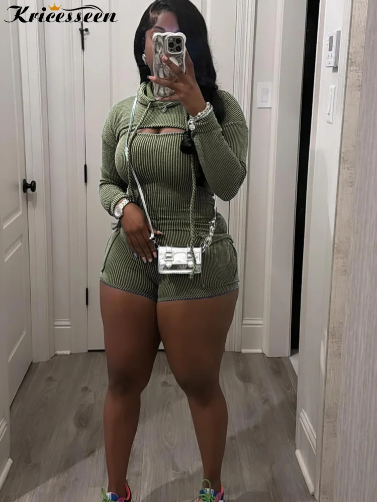 Kricesseen Women Ribbed Cargo Pocket Jumpsuits Two-Piece Outfits Casual Fitted Playsuits Overalls Matching Set Night Clubwear