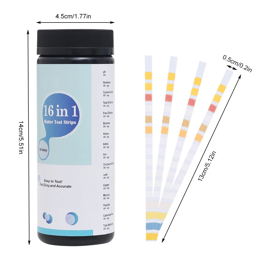 Water Quality Testing Strips, Aquarium Test Strip, Fast Accurate, PH Hardness, Nitrite, Nitrate, Chlorine, 100Pcs, 16 in 1
