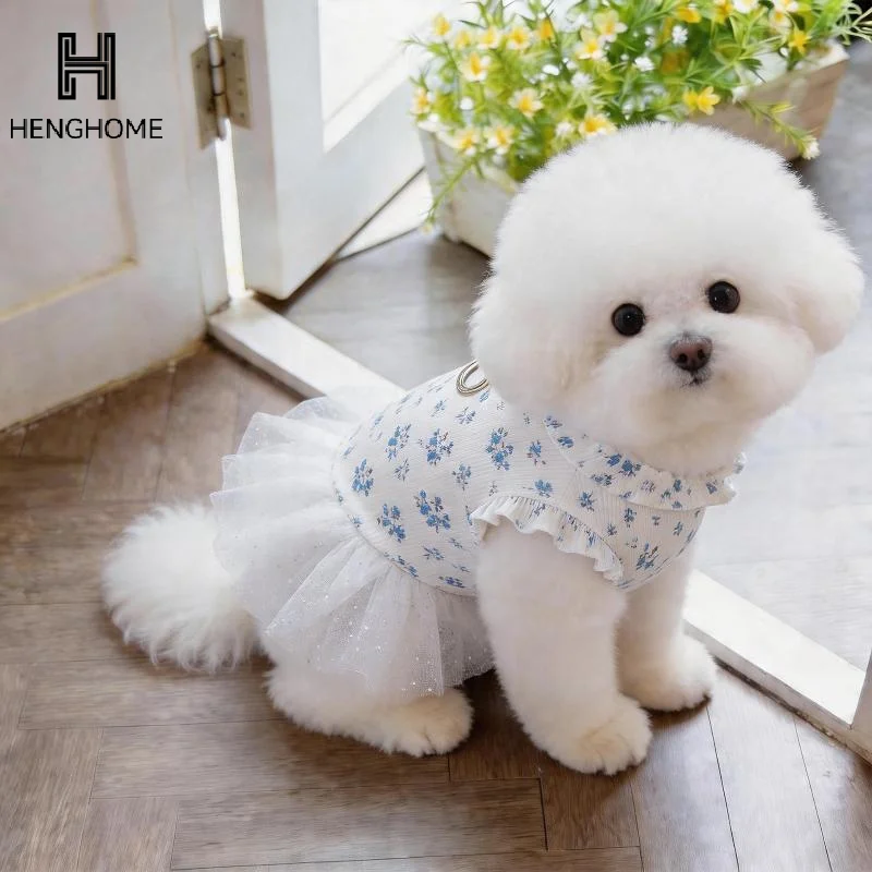 1Pcs 테디 꽃무늬 플라잉 슬리브 조끼 강아지 옷 애완견 봄 메쉬 패치워크 푹신한 드레스 소형견 강아지 옷