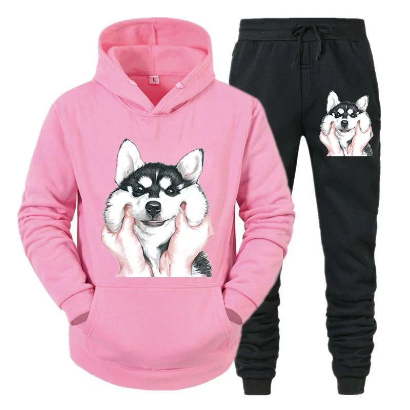 thumbnail image 1 of Conjunto deportivo divertido y bonito con estampado de husky para hombre, sudadera con capucha y pantalones de manga larga estilo callejero Y2K, conjunto de 2 piezas con capucha de perro y animal de a, 1 of 5