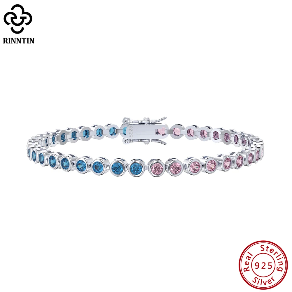 

Rinntin 925 Sterling Silver 3mm Blue&Pink Bazel Setting CZ Tennis Bracelets for Women Luxury Chain Bracelet Jewelry SB155