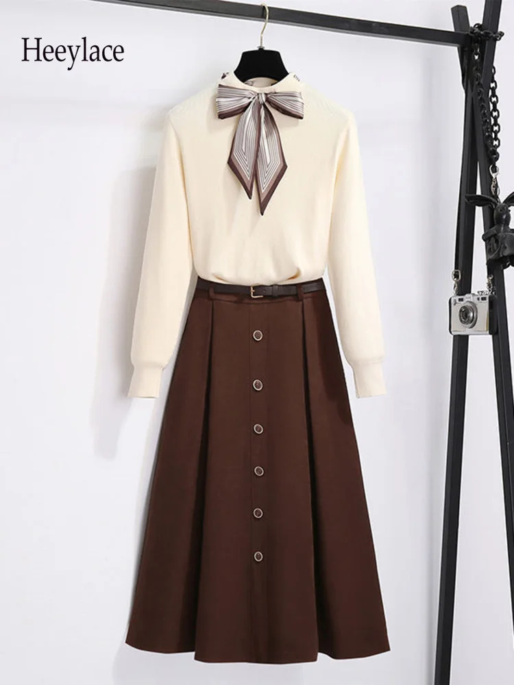 

Женский офисный элегантный осенне-зимний костюм из двух предметов, трикотажный свитер с бантом на воротнике и плиссированная юбка в Корейском стиле