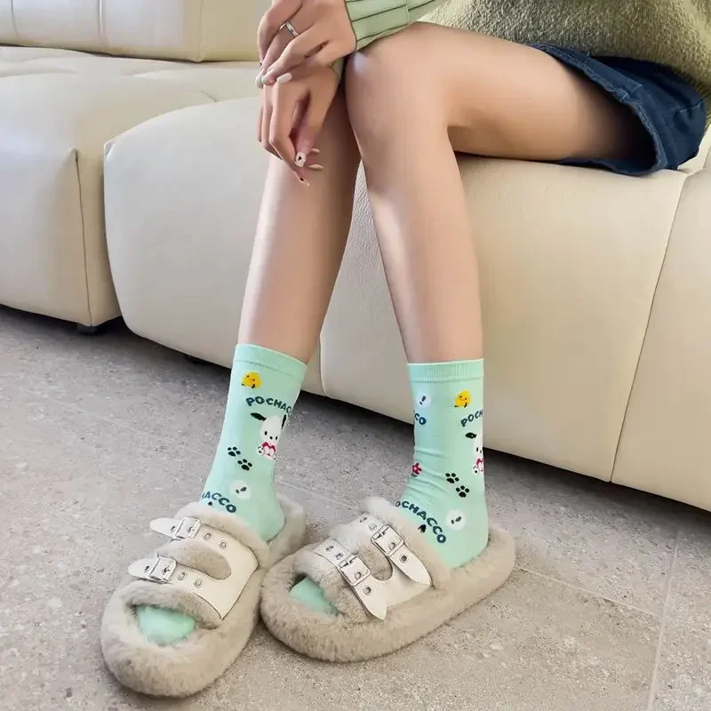 귀여운 산리오 양말 포차코 애니메이션 여름 학생 운동 편안한 통기성 만화 양말 장난감, 여아용 선물, 1 쌍 