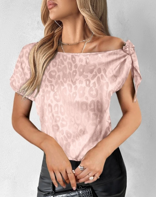 

New Fashionable 2024 Spring Summer Blouse Asymmetrical Neck Leopard Print Bowknot Decoration Fashionable Temperament Satin Top