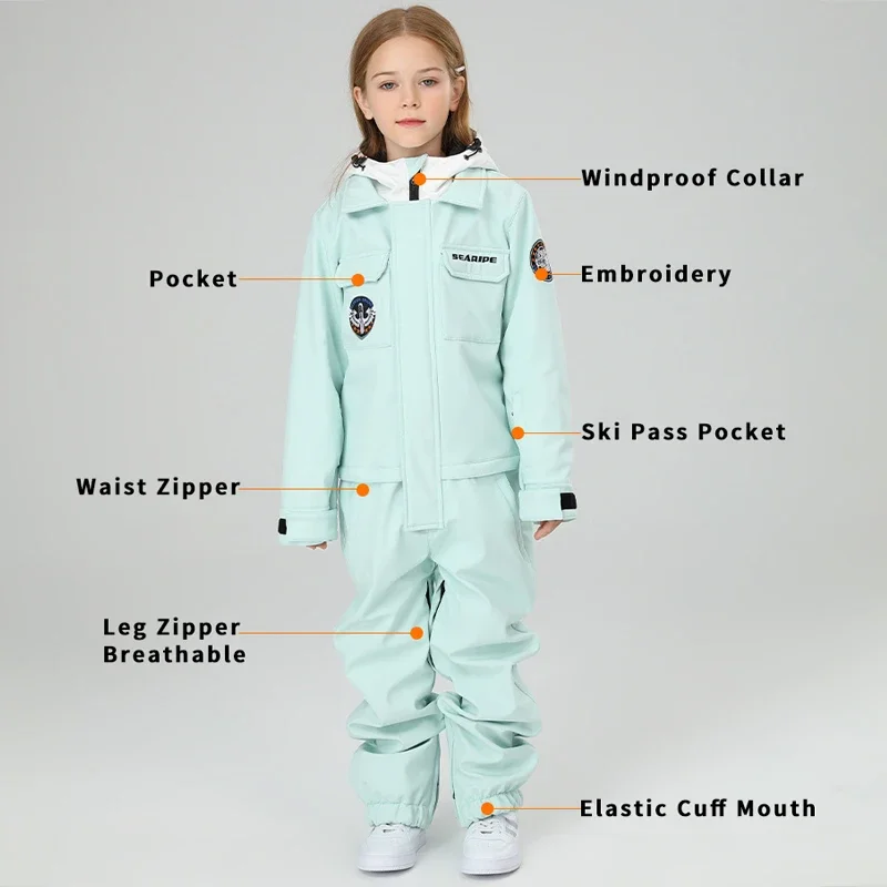 Winter Ski Suit Girls Hooded Windproof Sport Kids Snow Overalls One Piece Outdoor Children Boy Snowboard Pants Costume Clothes
