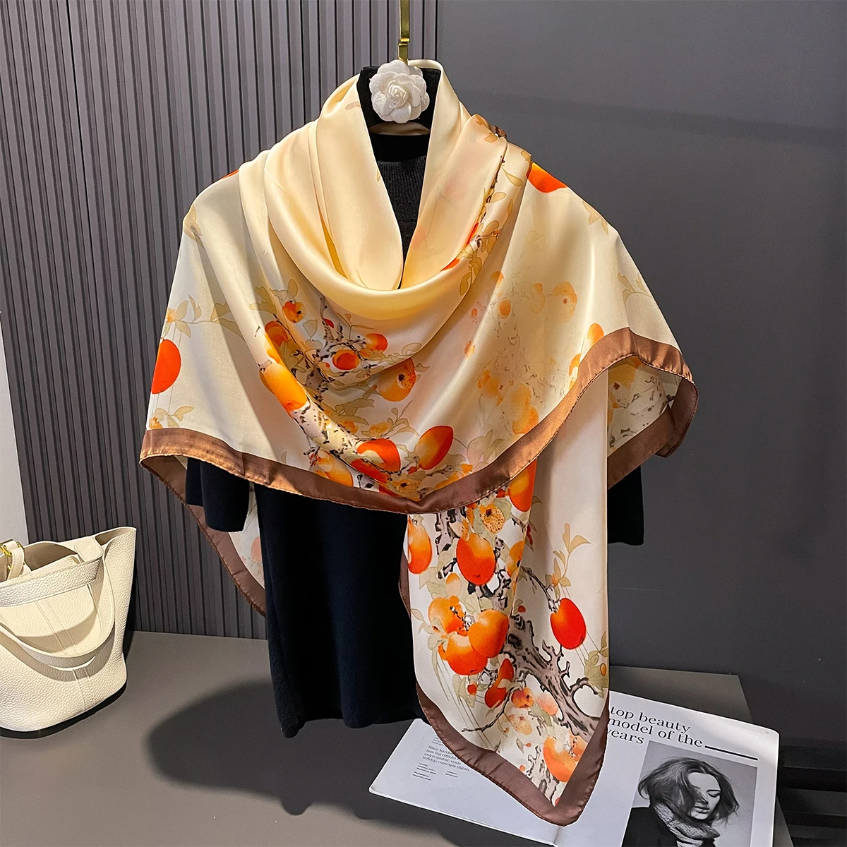 Four Seasons Women Silk 110*110CM Square Scarf Hijab Female Design Print Shawl Wraps Foulard Sun Protection Headbands Bandana