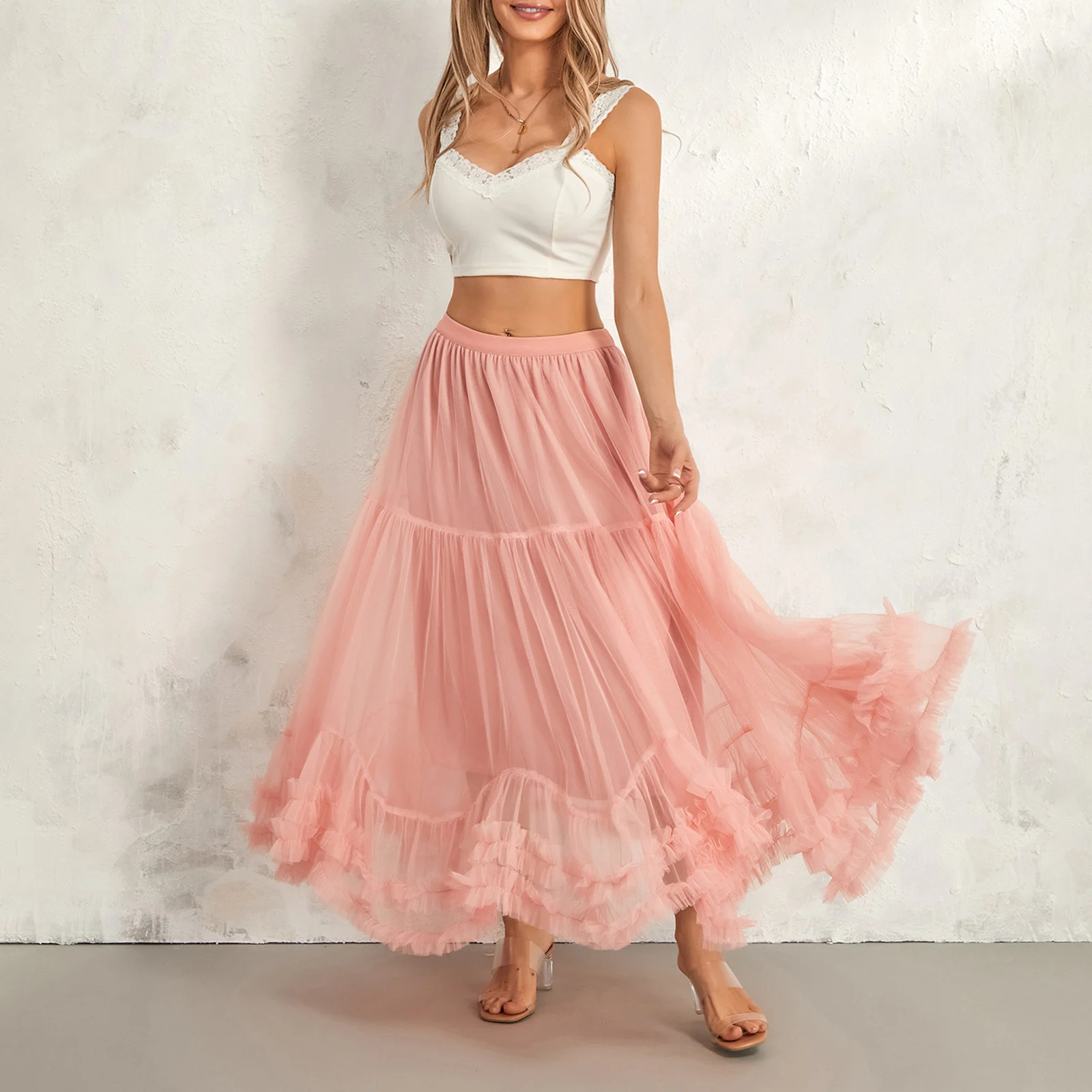 

Musuos Party Sweet Layers Tulle Long Skirts Women Solid Color Elastic High Waist Fluffy A-line Skirt Ruffle Hem Casual Vacation