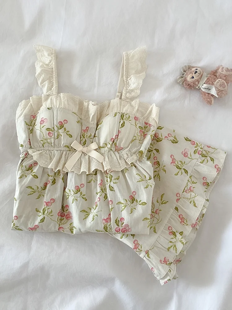 여름 꽃 프린트 짧은 소매 잠옷 세트 여성의 달콤한 스타일 홈 의류 가슴 패드 ..