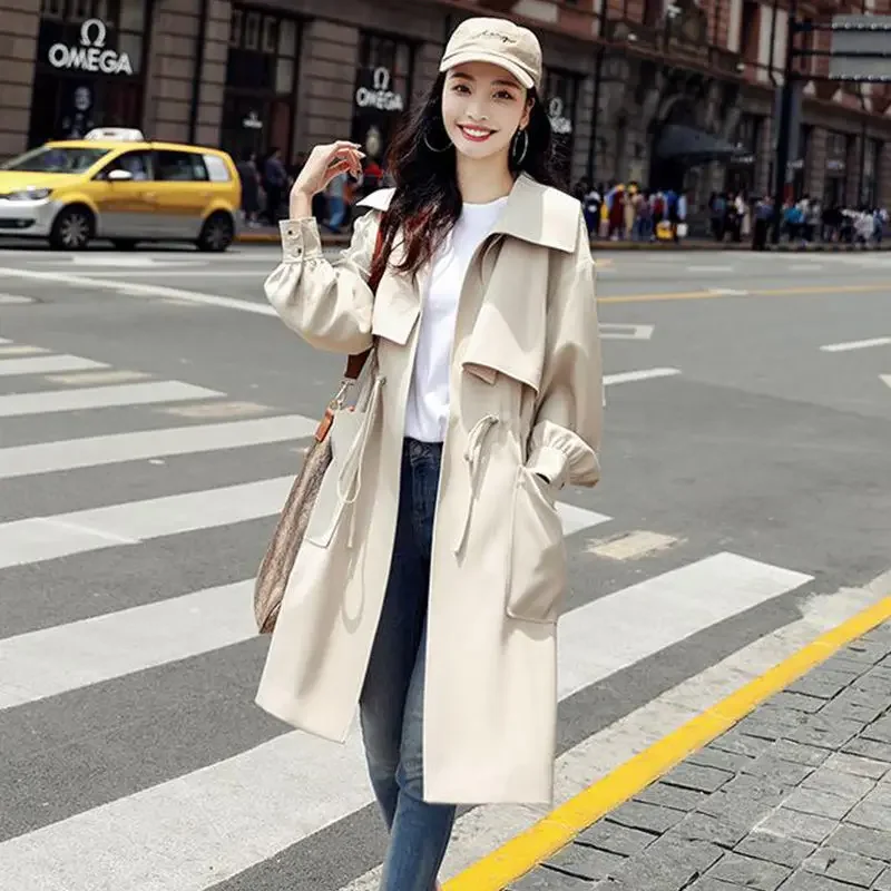 England Style Thin Long Trench Women Spring Autumn Lapel Lace-Up Slim Coats Fashion Elegant Big Pockets Solid Colors Outwears