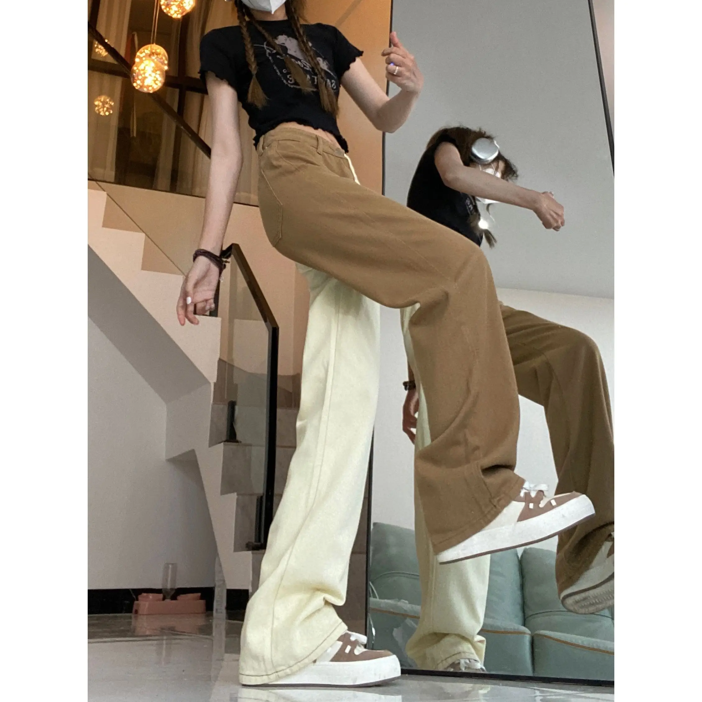 Spliced High Waisted Jeans for Women 2023 New Fashion Vintage Loose Wide Leg Jeans Casual Straight Full Length Pants