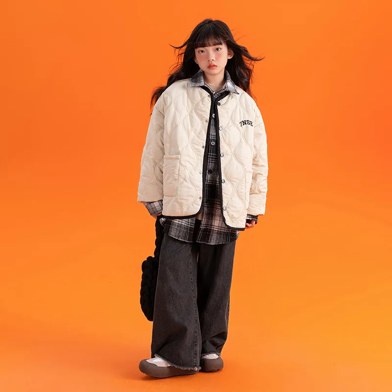 

Korean Autumn Winter Children Girl Thicken Outwear Teenager Girl Fake Two Pieces Letter Embroidery Jacket Kids Girl Warm Coat