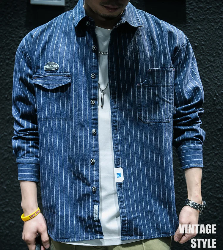 Denim Striped Long Sleeve Shirt Men