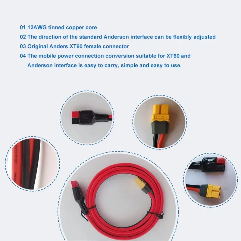 XT60H-F to 45A Anderson Plug Cable XT60 Female to Anderson Solar Power Cord Adapter Cable 12AWG Tinned Copper Power 1M solar panel connector cable