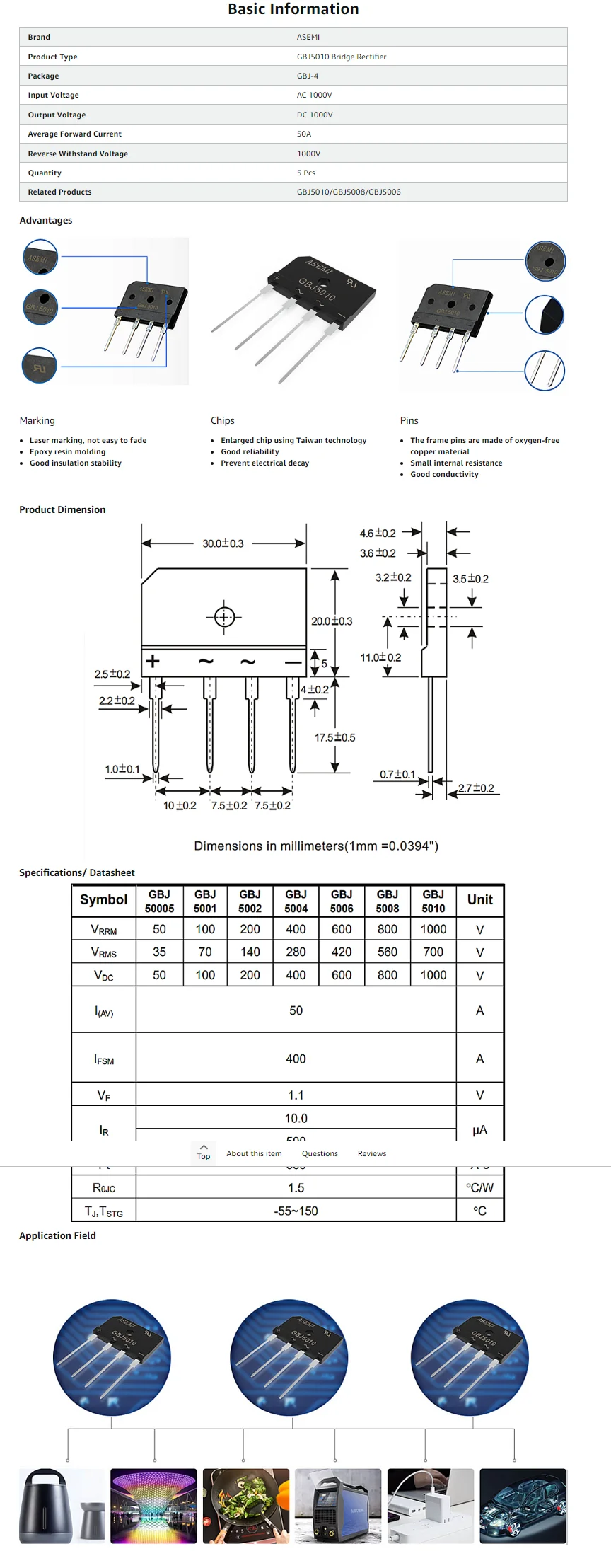 50-2PCS GBJ5010 Brückengleichrichterdiode 50A 1000V für Netzteil-Inverter-Schaltung – Detail 1