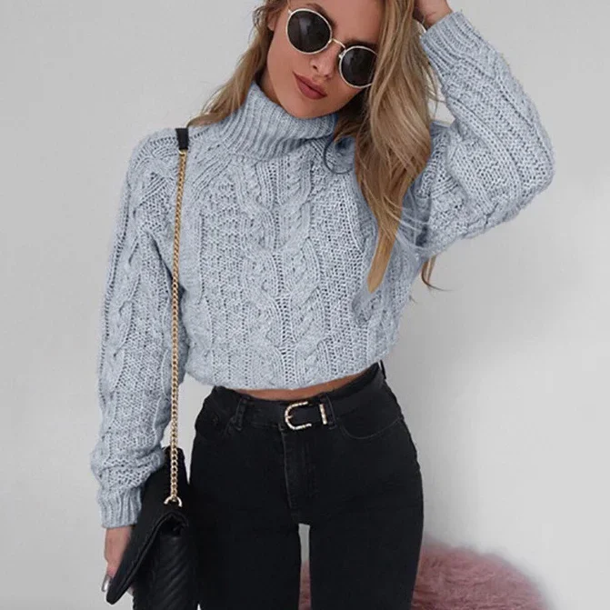 

Women's Winter High Collar Sexy Umbilical Twist Casual Knitted Pullover Sweater Female Tricot Jersey Jumper Pull Femme Clothing