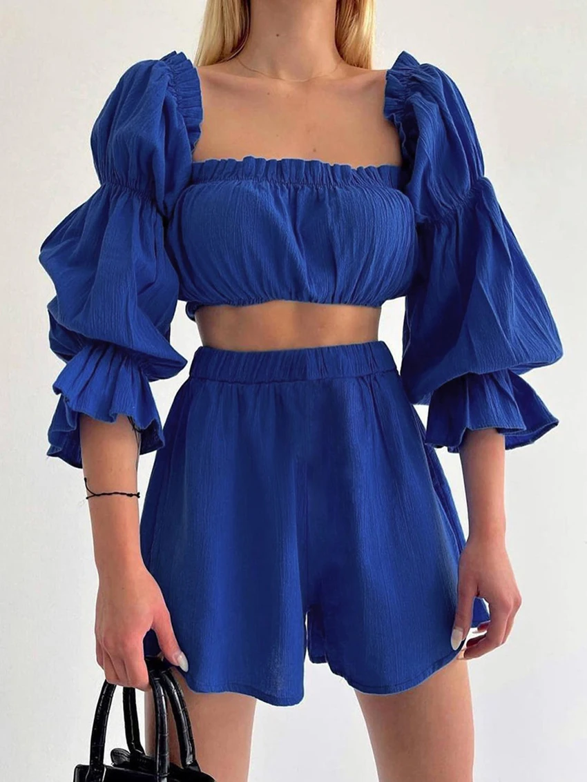 Marthaqiqi Fashion Spring Women'S Nightgown Suit Sexy Square Collar Sleepwear Long Sleeve Pajama High Waist Shorts Nightwear Set
