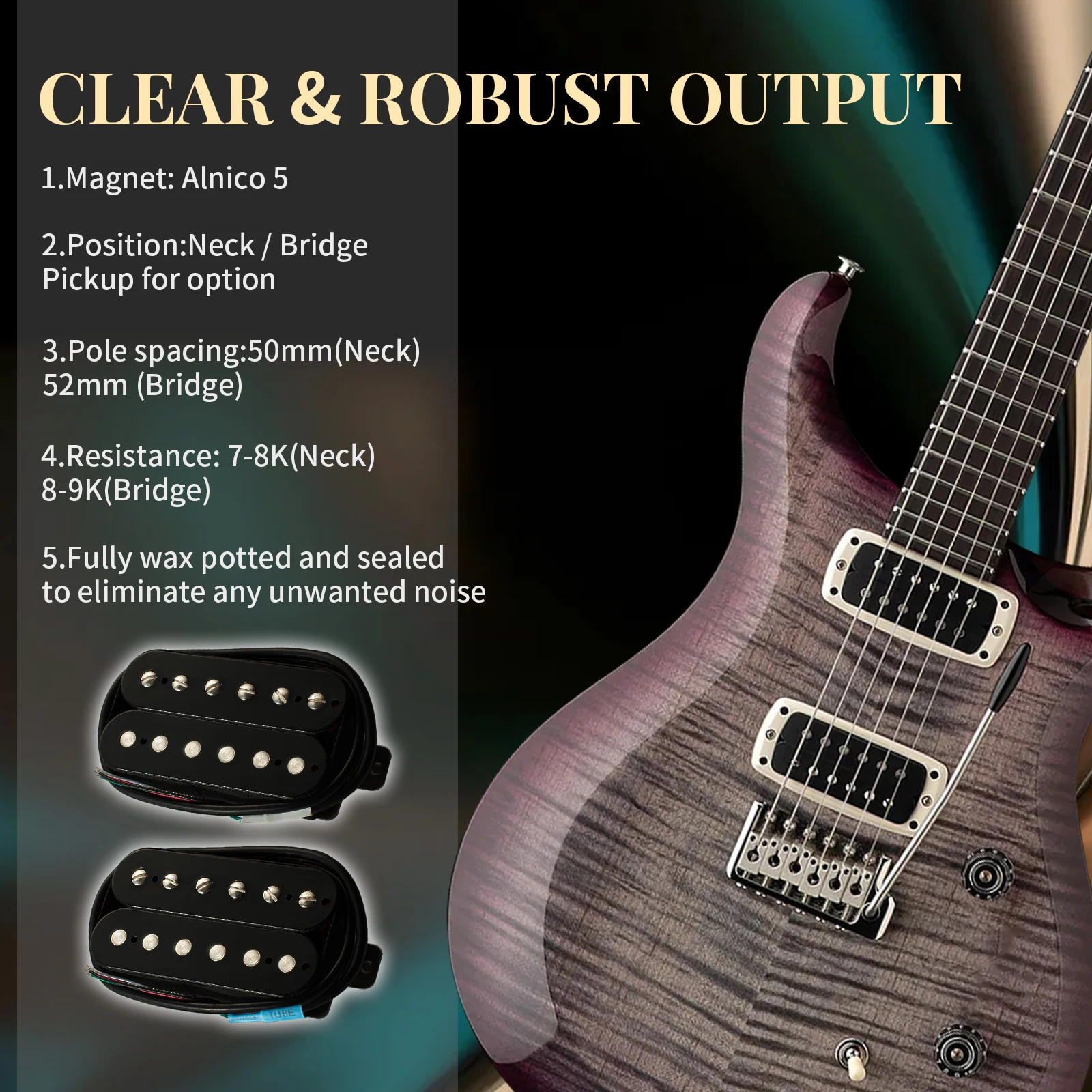 Phrilam Pro HH High Output Alnico5 6-Wege & 6-fach verstellbare Humbucker-Tonabnehmer für Hals/50mm 7,6K Brücke/52mm 8,8/16,5K für E-Gitarre – Detail 2