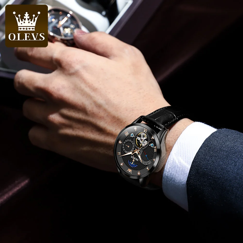 OLEVS Luxury Automatic Mechanical Watch for Men Stainless Steel Calendar Moon Phase Men's Watch Waterproof Luminous Watch Reloj