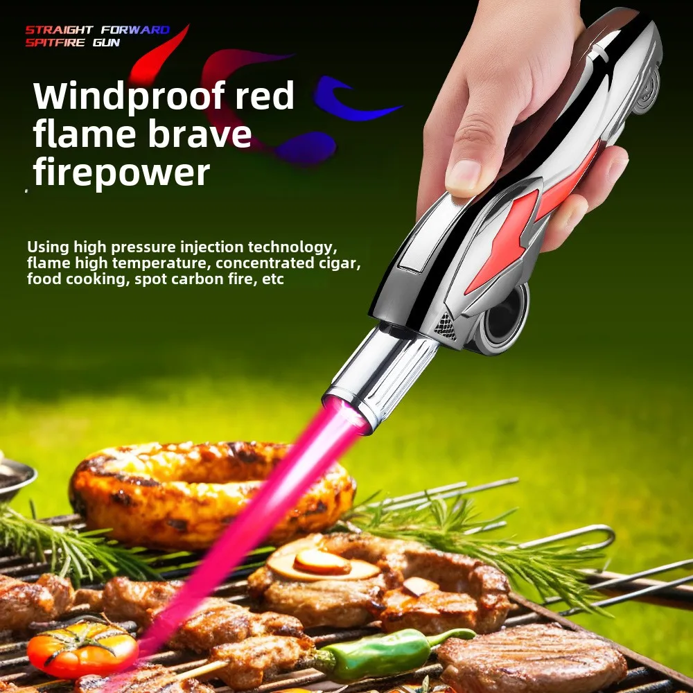 Red Flame Gas Lighter High-temperature Outdoor Flamethrower Butane Lighter Windproof Rotating Decompression Cool Torch