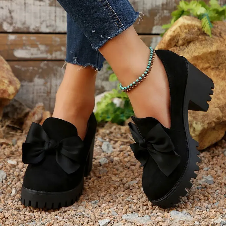 Black Suede Women's Loafers With Bow And Thick High Heel_voghion.com