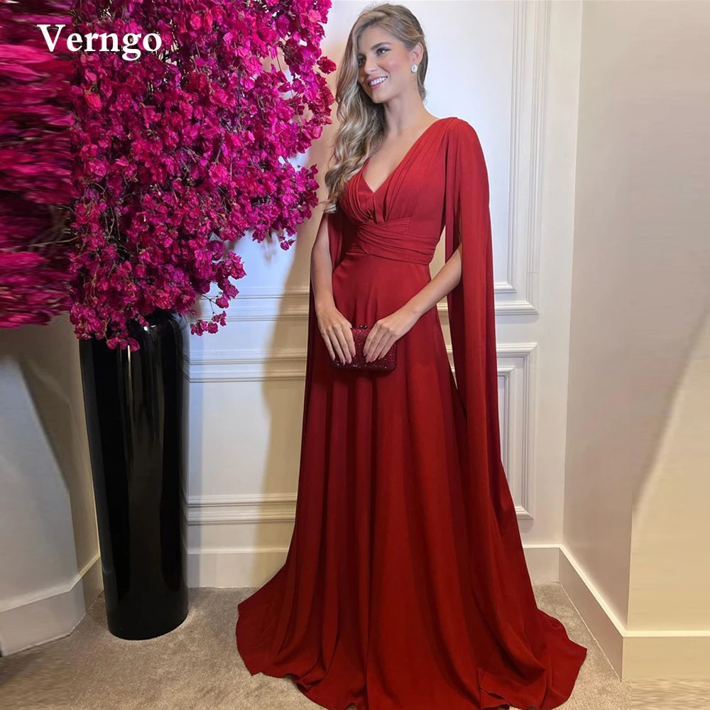 

Verngo Dark Red Matte Satin A Line Evening Dresses Long Cape Sleeves V Neck Modest Mother Formal Dress Simple Women Prom Gown