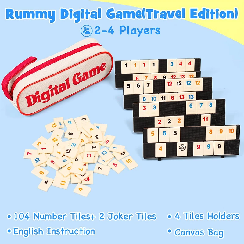 Rummy Cube Game 4 Racks 106 Set Portable Case Tiles Travel Set For Family Classic Board Games