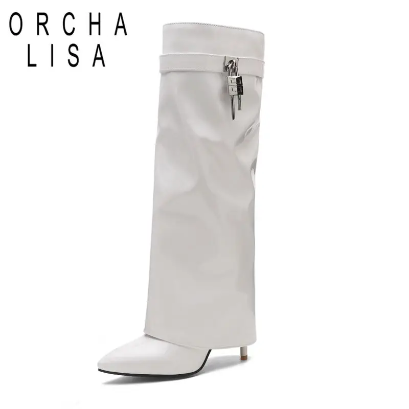 

ORCHALISA Fashion Women Knee High Boots Pointed Toe Stiletto Slip On Metal Decoration Plus Size 43 44 45 Winter Street Booties