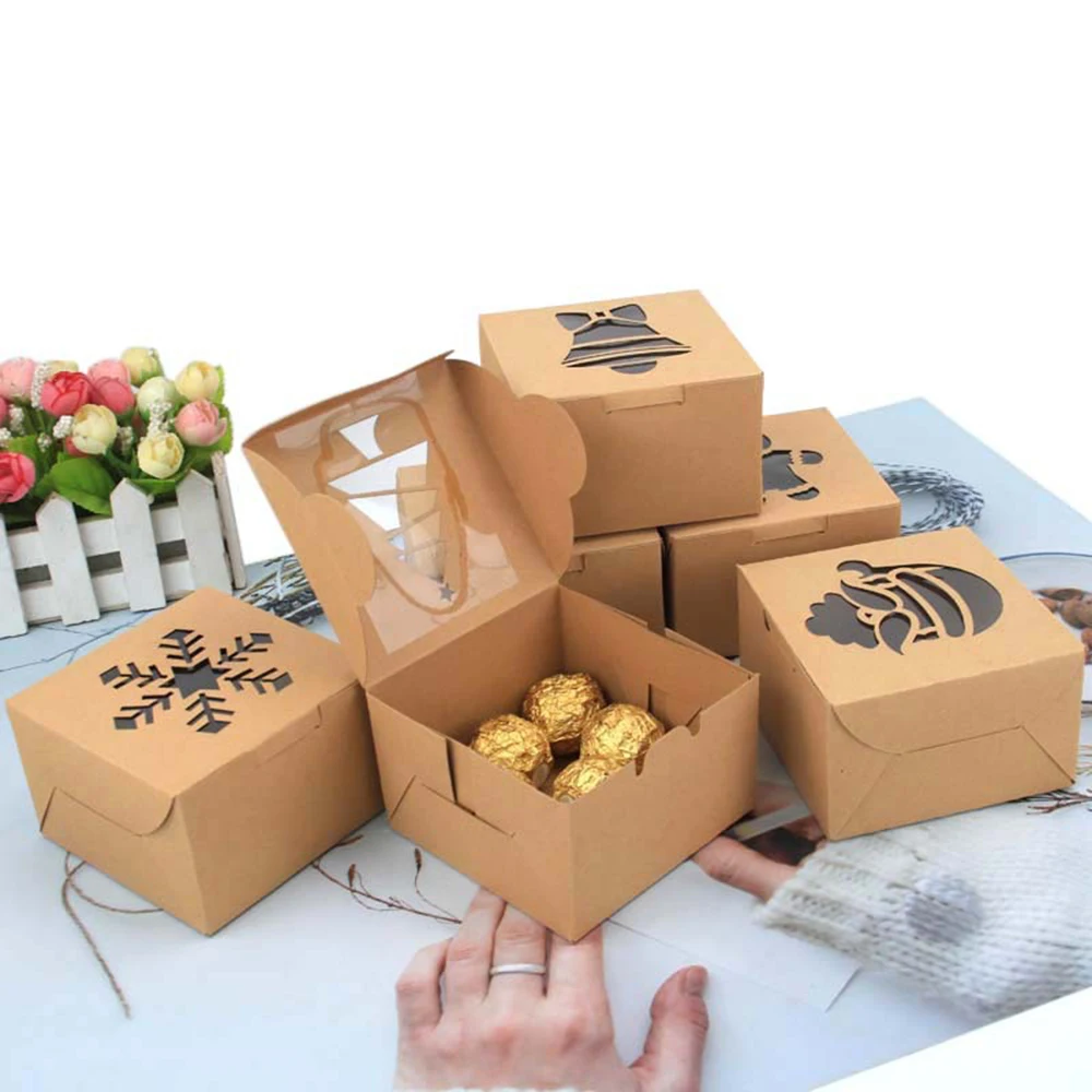 6Pcs Christmas Gift Boxes Kraft Paper Christmas Candy Cookie Box Transparent Top Xmax Santa Packaging Christmas Decoration 2025