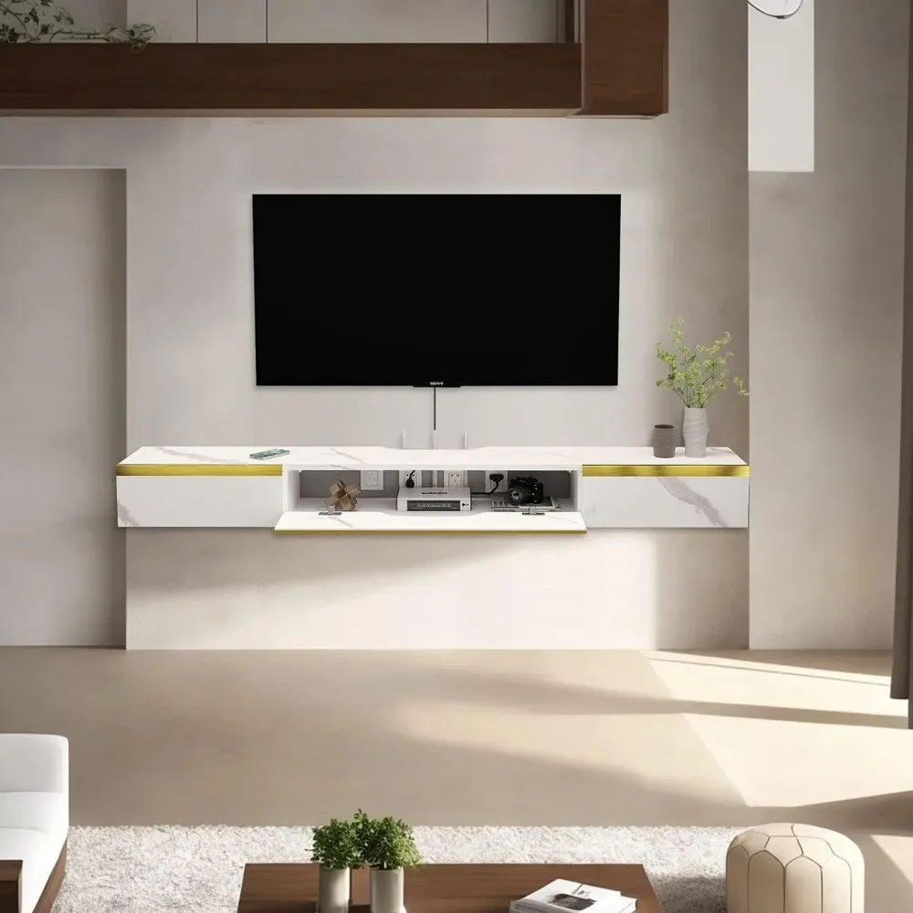 Floating TV Shelf with Drawers, 66'' Wall Mounted Wood Floating TV Console Entertainment Media Shelf TV Wall Unit(White) 4