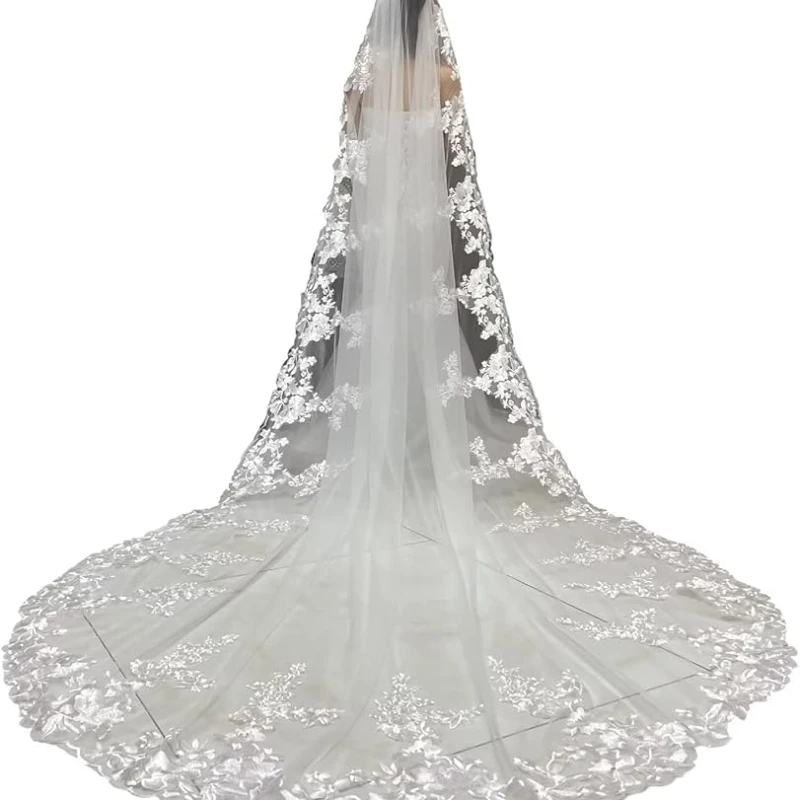 

Wedding Veils Cathedral Length 1 Tier Sequins Lace Applique with Comb