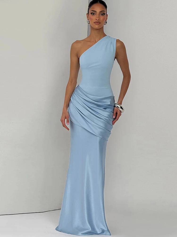 Nibber Slanted Shoulder Maxi Dress Women Sleeveless Folds Patchwork Skinny Elegant Banquet Fashion Valentine's Day Chic Vestidos