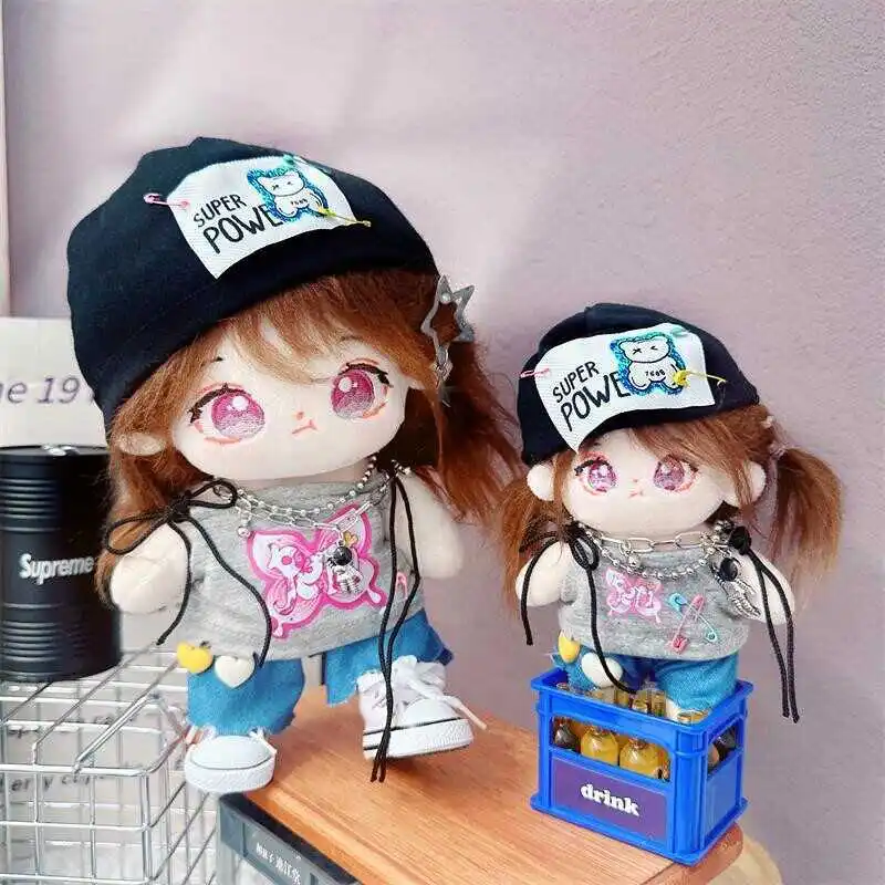 

Kawaii Gray Shirt and Jeans Set for Girls, Cute DIY Dress Up, Cotton Doll Clothes, Hip Hop Accessory, Fans Gifts, 10cm, 20cm, Ne