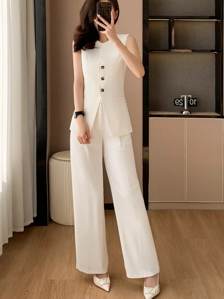 Tesco Solid Blazer Vest Wide Leg Pants Sets For Women 2024 Sleeveless Tops New In Matching Sets Women's Suit For Spring Summer