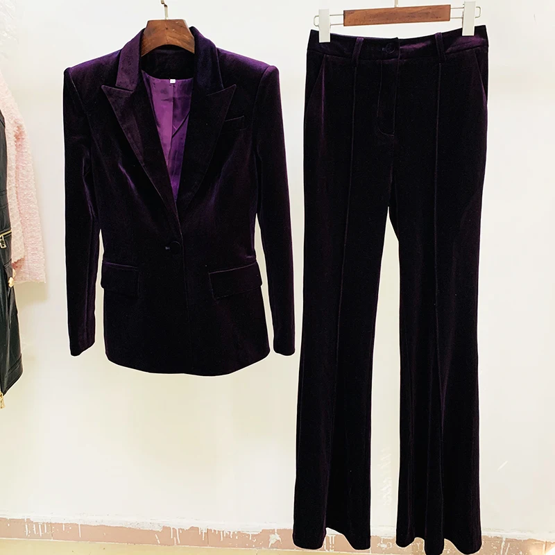 HIGH QUALITY Newest Fall Winter 2025 Designer Suit Set Women's Single Buttons Velvet Blazer Flare Pants Suit 2