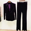 HIGH QUALITY Newest Fall Winter 2025 Designer Suit Set Women's Single Buttons Velvet Blazer Flare Pants Suit 2