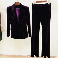 HIGH QUALITY Newest Fall Winter 2025 Designer Suit Set Women's Single Buttons Velvet Blazer Flare Pants Suit 2