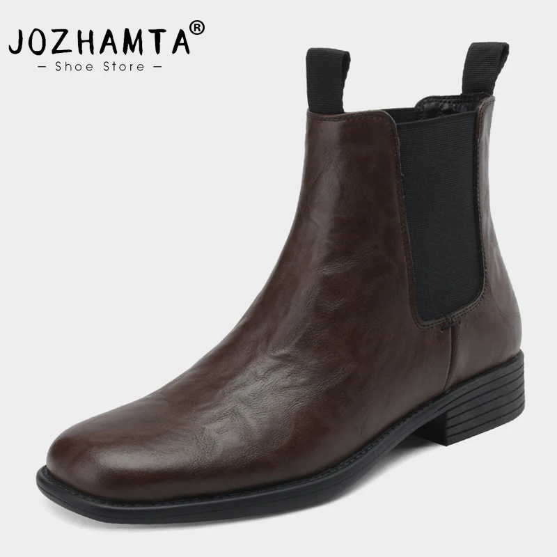 

JOZHAMTA Size 34-39 Women Ankle Boots Retro Elastic Mid Heels Shoes For Women Winter Genuine Leather Square Toe Casual Booties