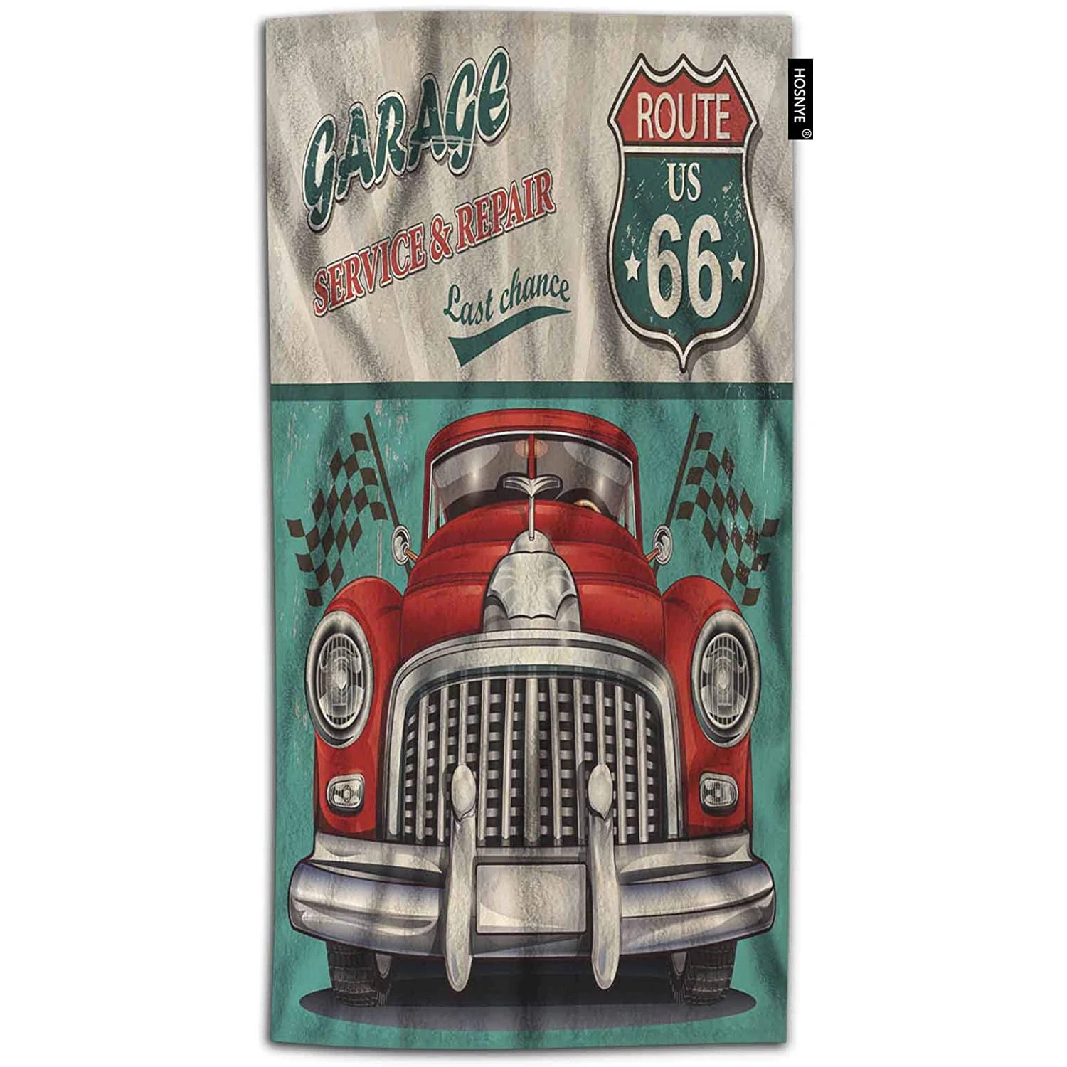 

Red Car Quick Drying Towel For Bathroom Vintage Garage Service Repair Route 66 Retro Poster Absorbent Soft Towels