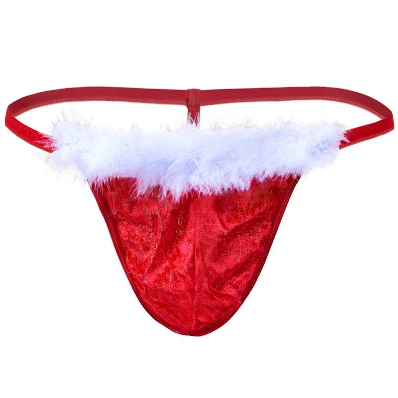 Men Christmas Costume Thong G String Sexy Erotic Underwear Man Panties Santa Claus Fluff Lingerie Underpants Festival Gift