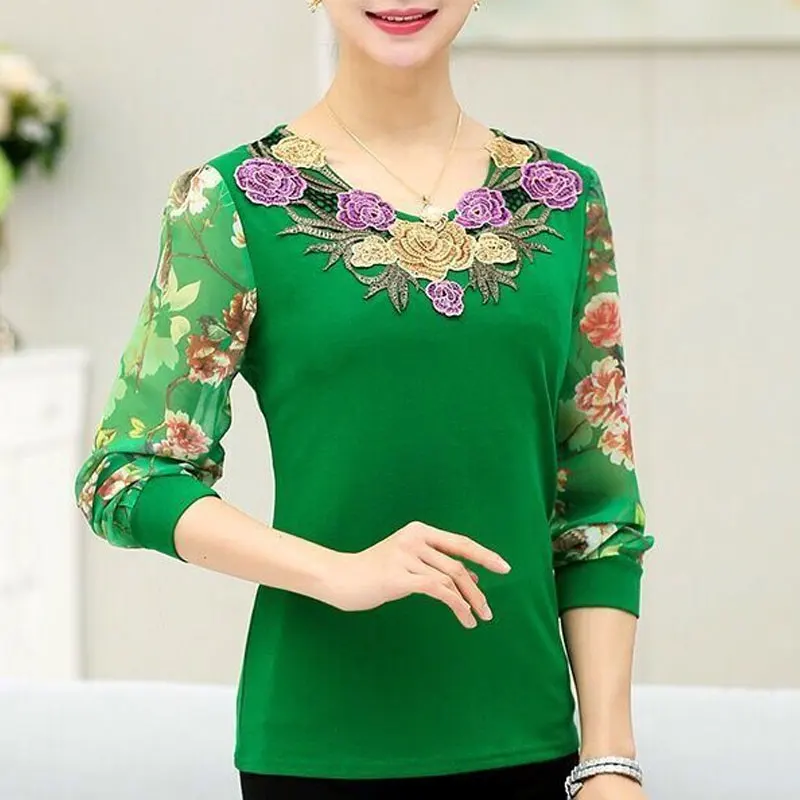 Vintage Floral Embroidered Long Sleeve Blouse - Women's Casual Spring/Autumn O-Neck Shirt