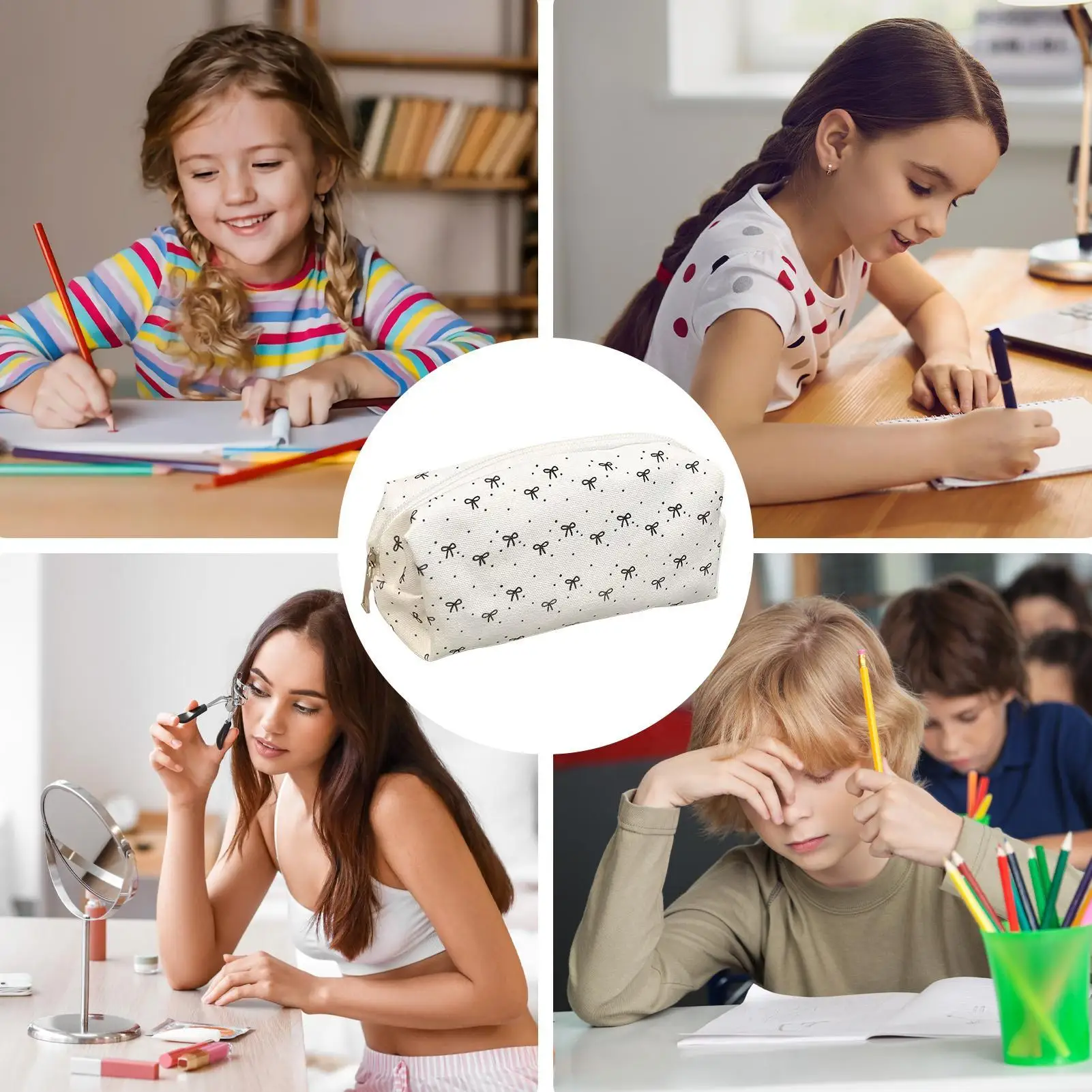 Astuccio di grande capacità con decorazione a fiocco bianco e nero, graziosa custodia per cancelleria per studentesse, borsa cosmetica multifunzionale - immagine 5