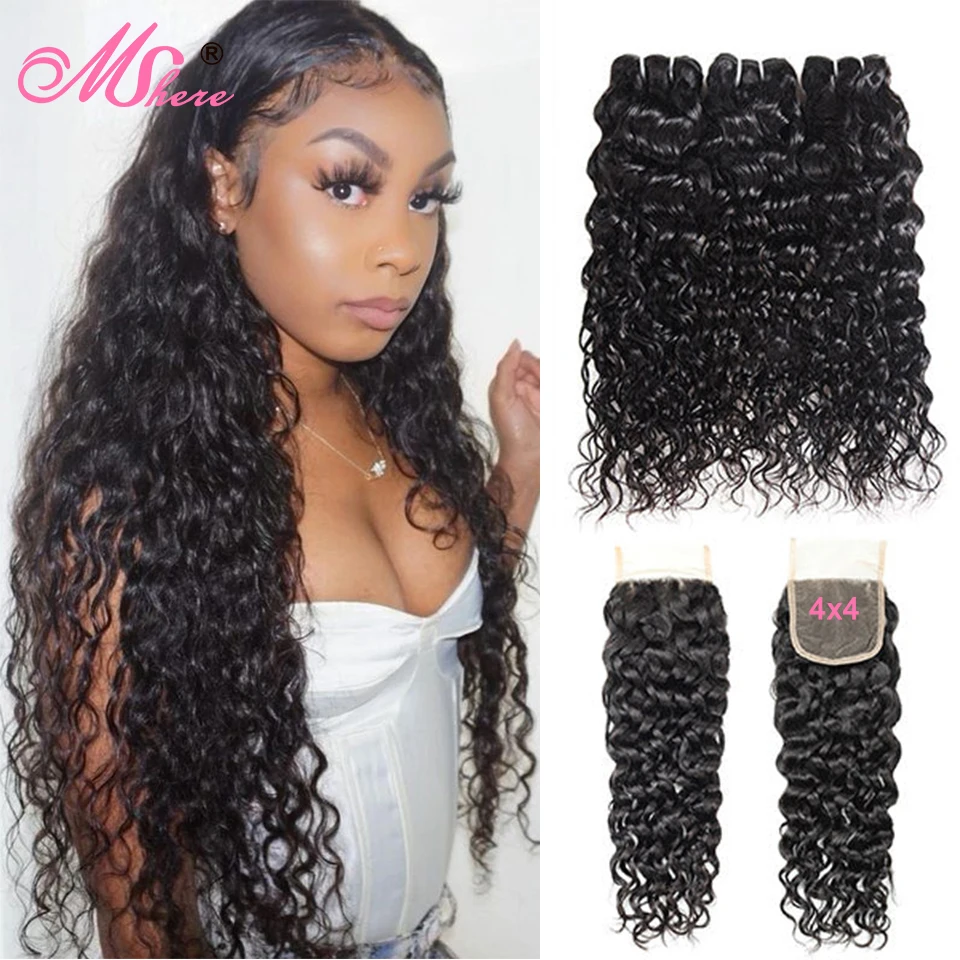 

Water Wave Human Hair Bundles With Closure Wet and Wavy Curly Human Hair Bundles With Frontal Closure Remy Hair Weave Extensions