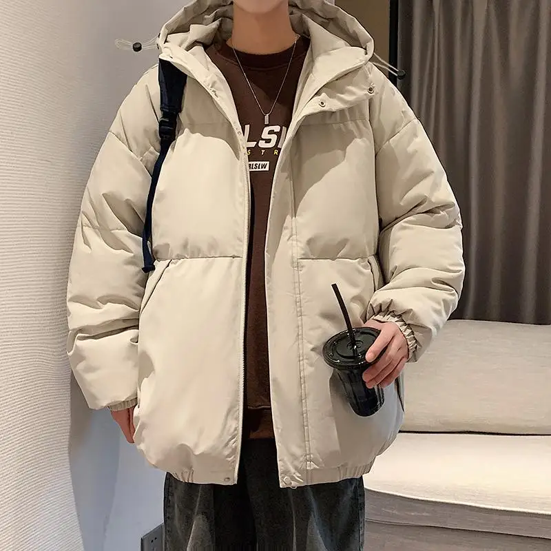 New 2023 Autumn Winter Men's Thick Warm Parkas Solid Color Hooded Cotton-Padded Jacket Youth Loose Down Coat Outwear Top Clothes