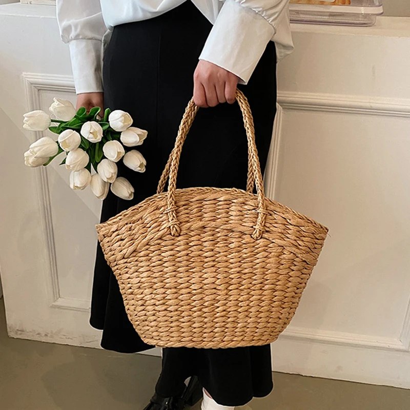 Women's Basket Shoulder Bag Summer Straw Woven Handbags