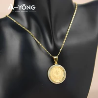 Muslim Coins Charm Necklace 21k Gold Plated Arabic Zirconia Classic Round Pendant Chains Oman Women Event Party Jewelry