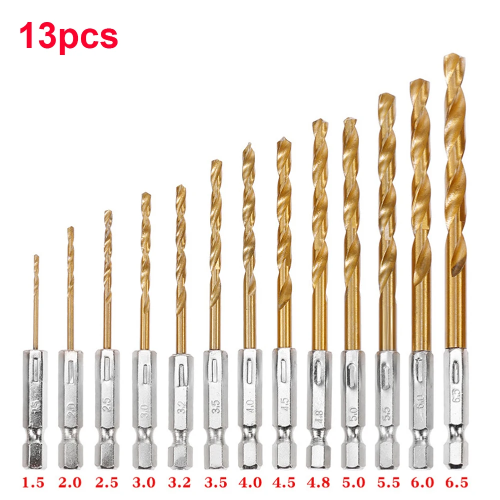 

13Pcs 1/4 Hex Shank HSS High Speed Steel Titanium Coated Drill Bit Set 1.5mm-6.5mm Hexagonal Handle Twist Drill for Plastic Wood